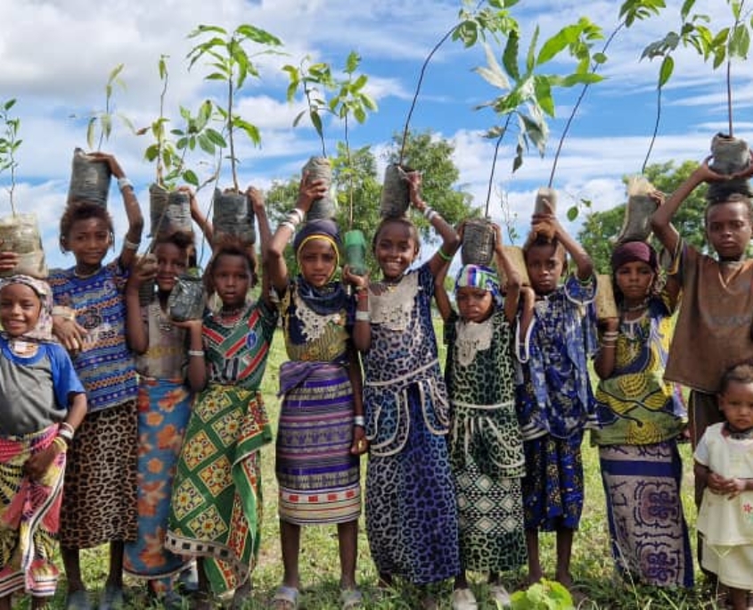 grupo de niños sostiene plantones sobre sus cabezas en un campo, celebrando una actividad de plantación de árboles