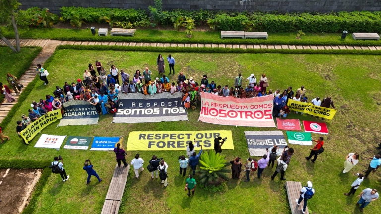 aerial view of diverse group on grass holding banners calling for forest protection and climate justice