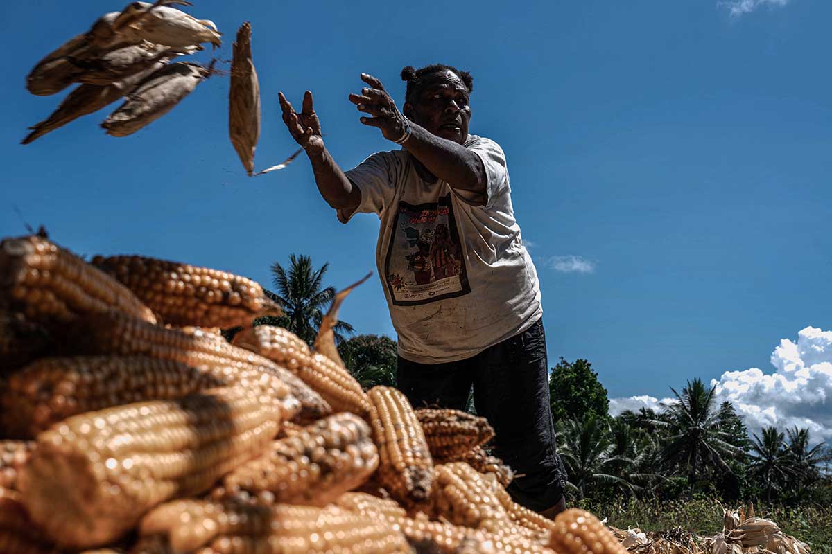 woman throwing corn